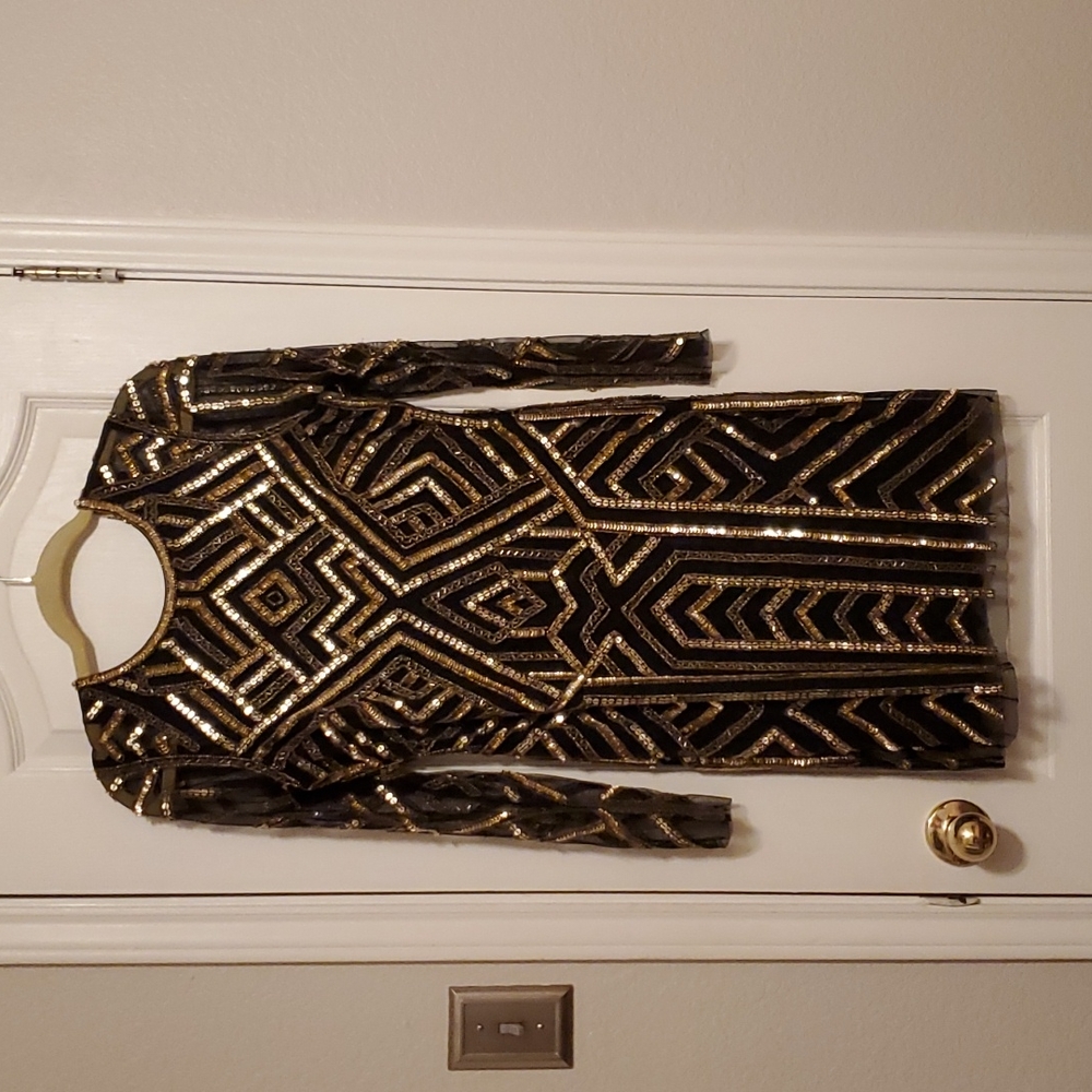 Black with gold beading Gianni Bini cocktail dress.